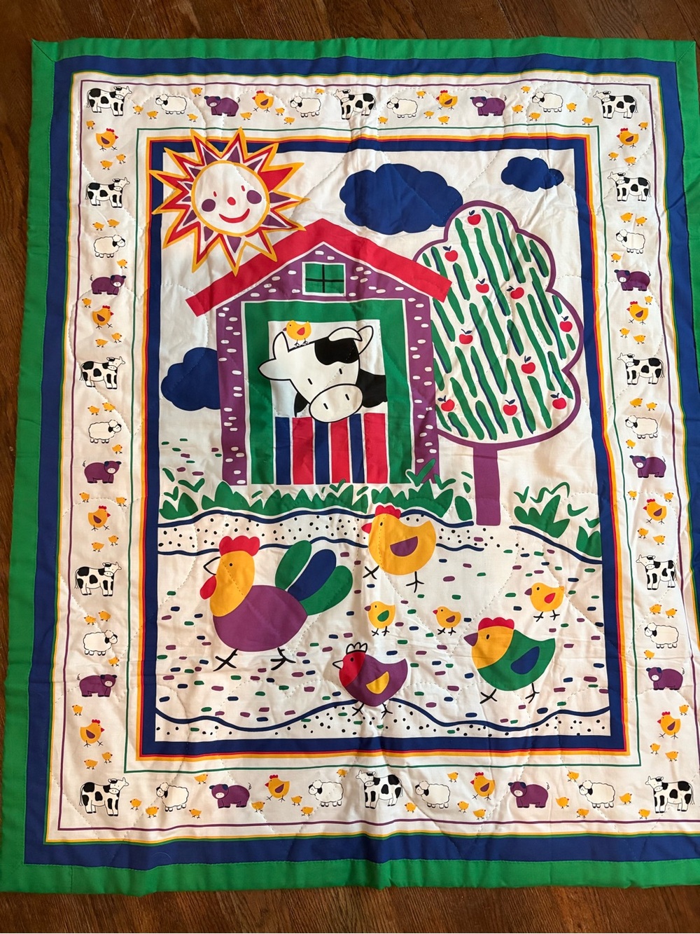 Colorful Farmyard Print Panel Quilt- Sun, Cow & Chickens